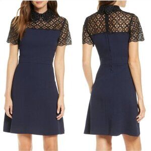 1901 Peter Pan Collar Short Sleeve Back Zip Fit-Flare Lace Mini Dress Size XS